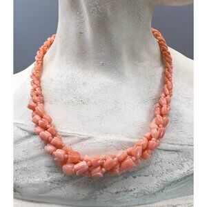 Antique 3 Strand Angel Skin Coral Carved Flower Necklace 14K GF Clasp